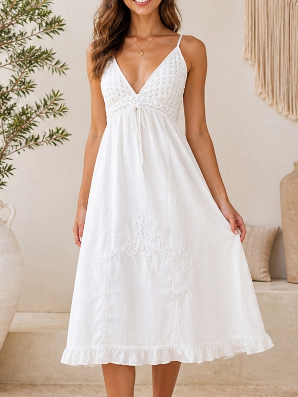 Cotton Natural White Boho Crochet Midi Dress – 100% Cotton
